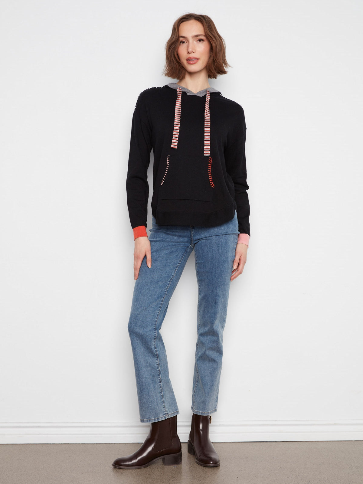 Contrast Detail Hooded Sweater - Black