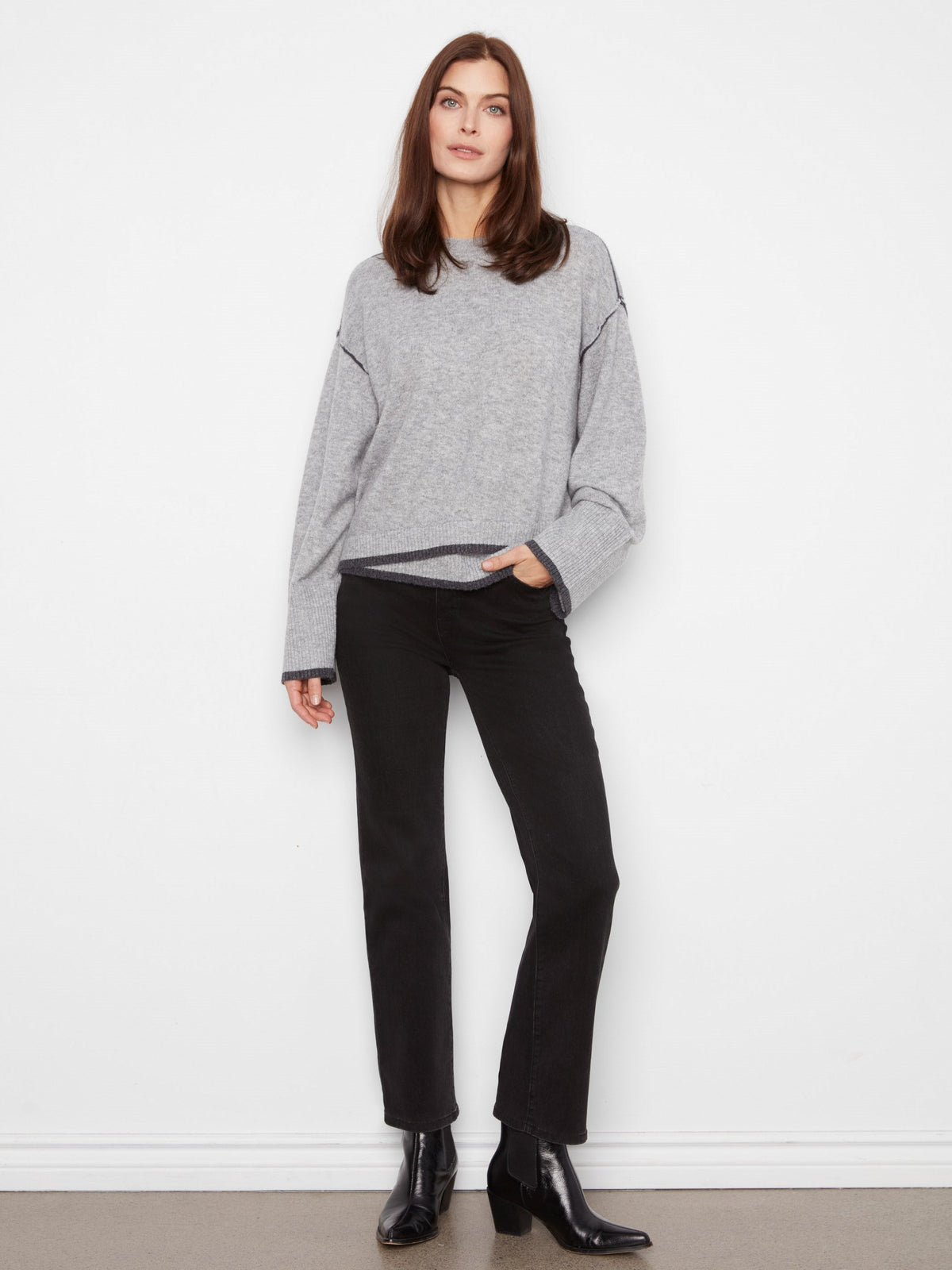 Contrast Trim Crew Neck Sweater - Heather Light Grey