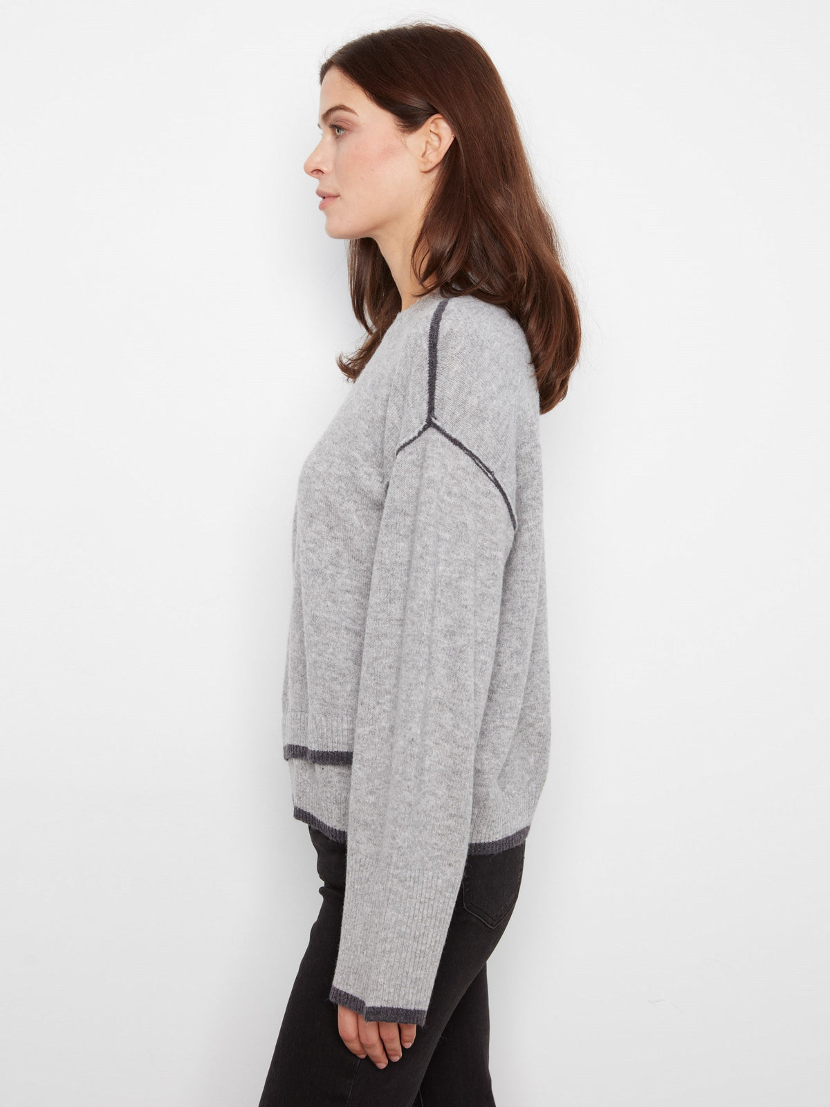 Contrast Trim Crew Neck Sweater - Heather Light Grey