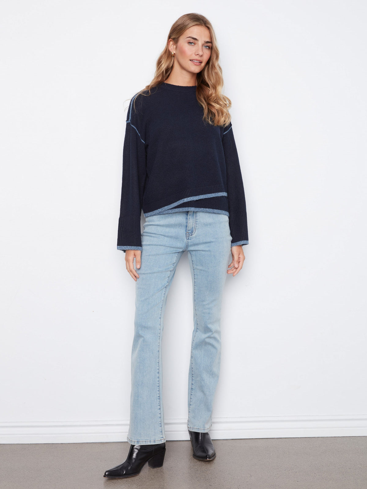 Contrast Trim Crew Neck Sweater - Navy