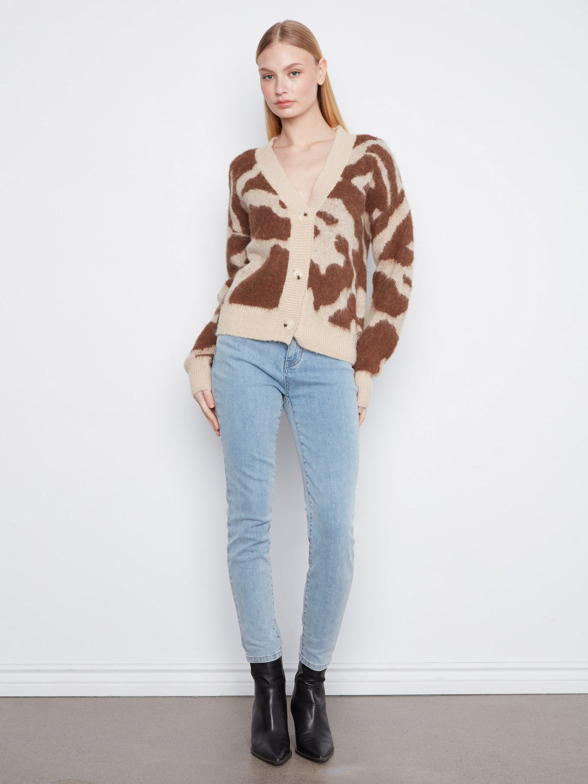 Cow Print V-Neck Cardigan - Ranch