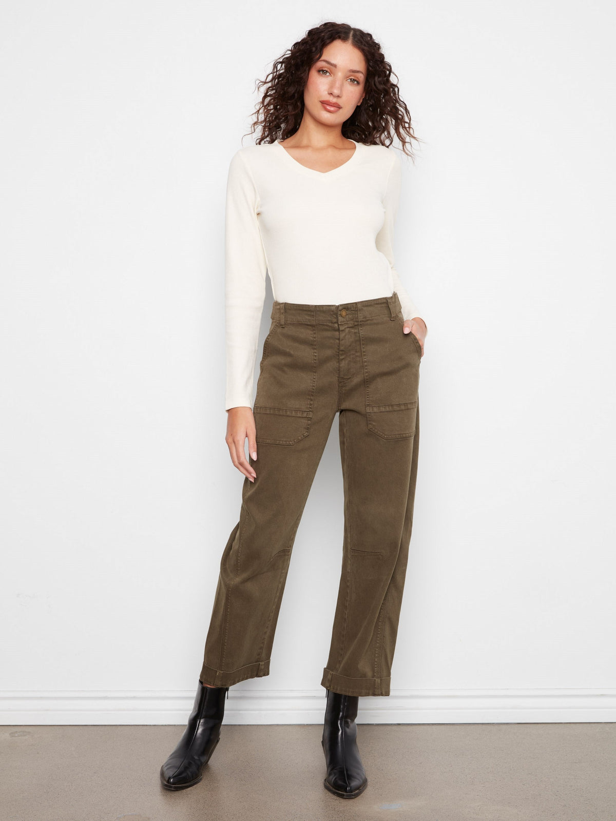 Cropped Barrel Leg Twill Pants - Olive