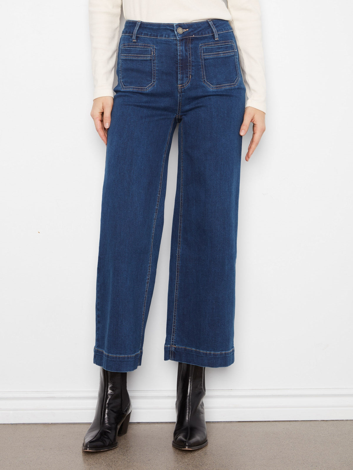 Cropped Patch Pocket Wide Leg Jeans - Indigo