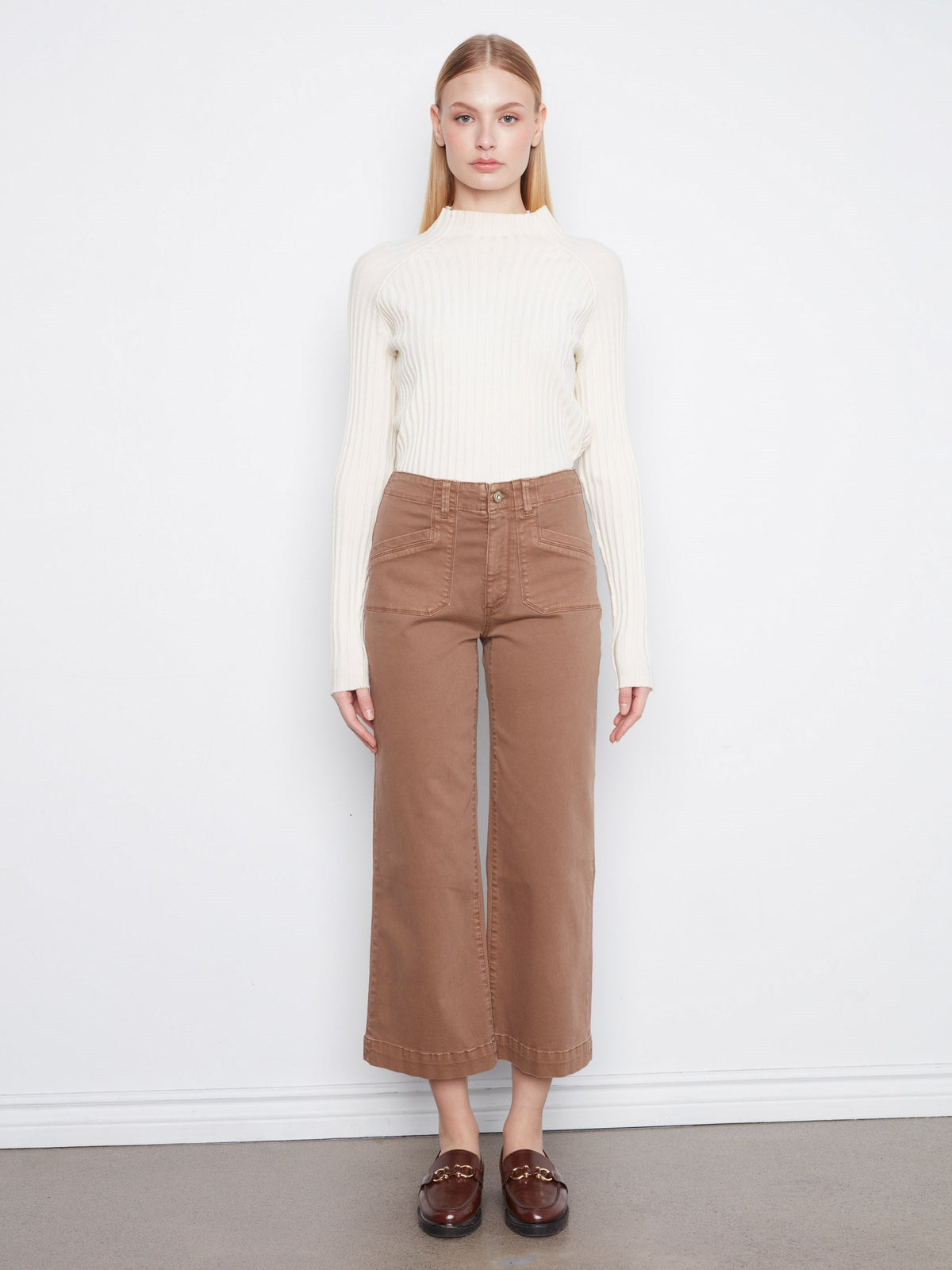 Cropped Wide Leg Stretch Twill Pants - Truffle