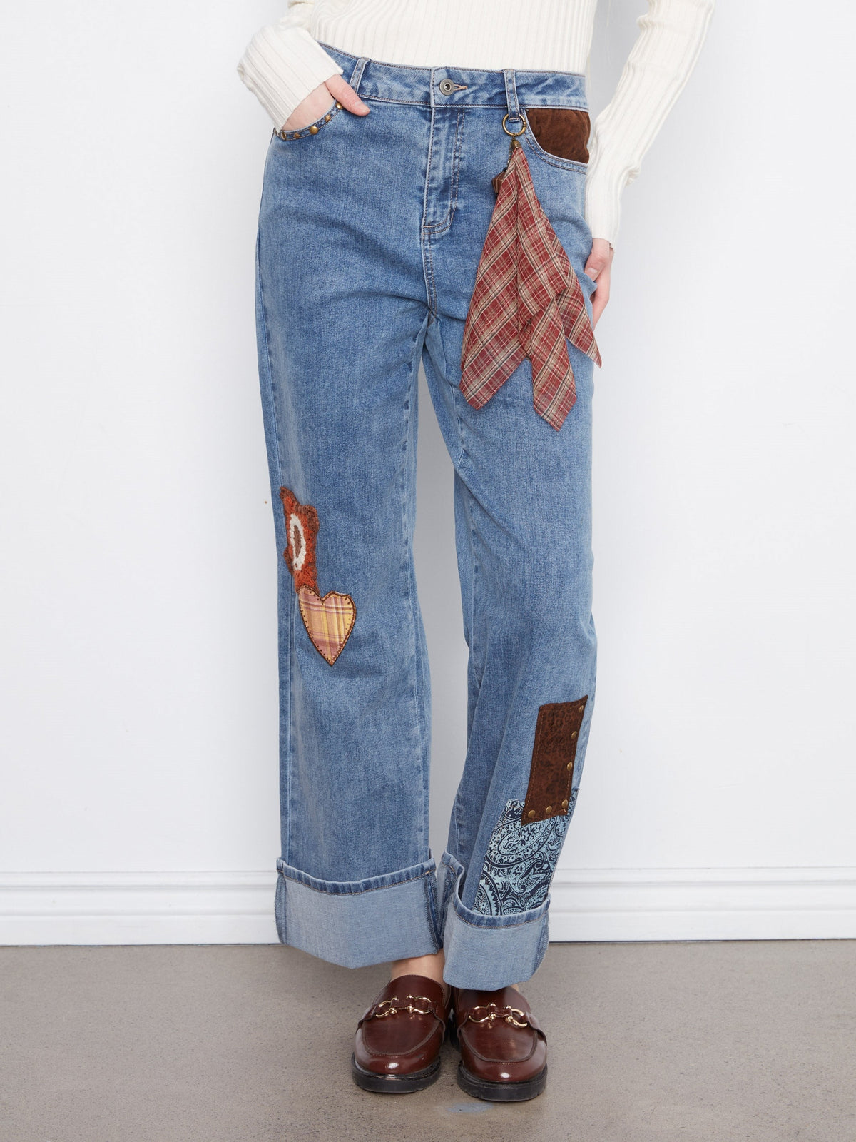 Cuffed Straight Leg Patchwork Jeans - Medium Blue