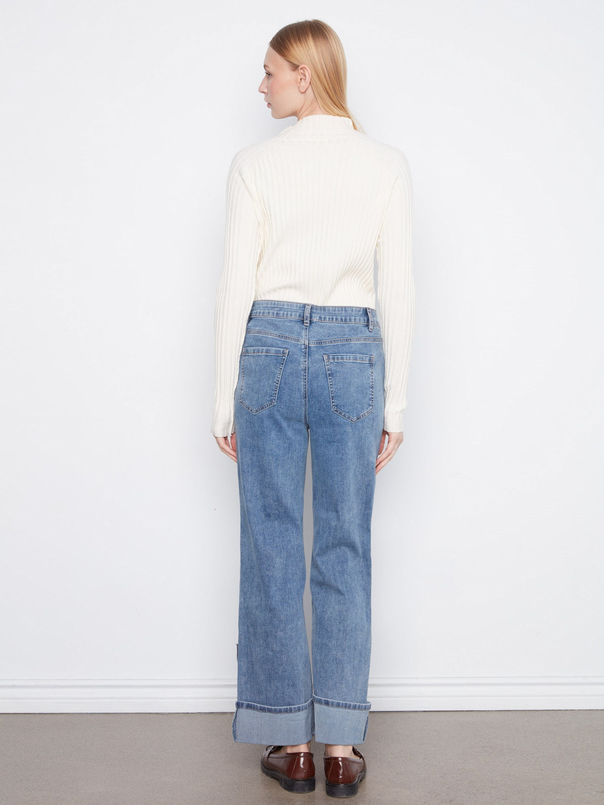 Cuffed Straight Leg Patchwork Jeans - Medium Blue