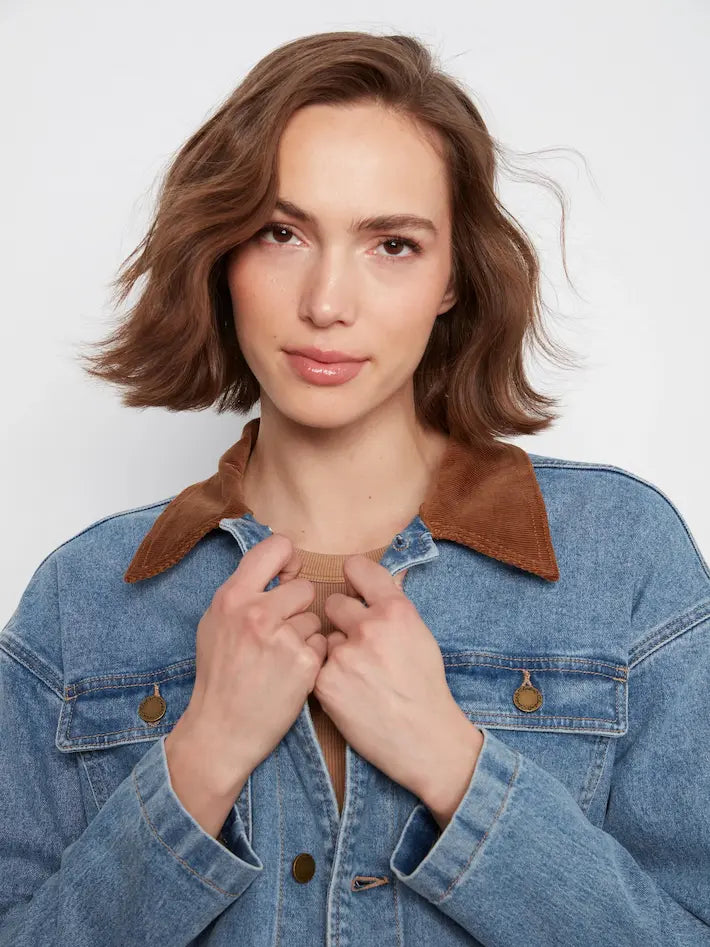 Denim Barn Jacket With Corduroy Collar - Denim Blue