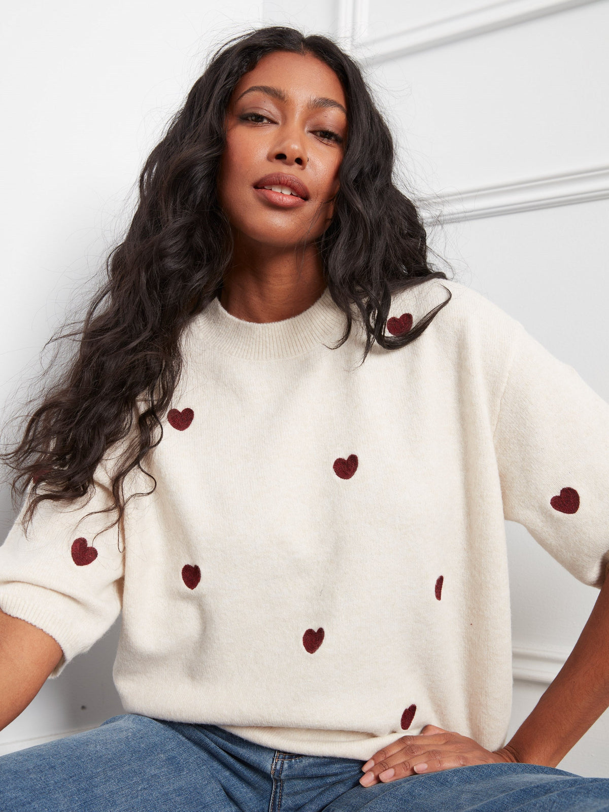 Embroidered Heart Balloon Elbow Sleeve Knit Sweater - Heather Oat
