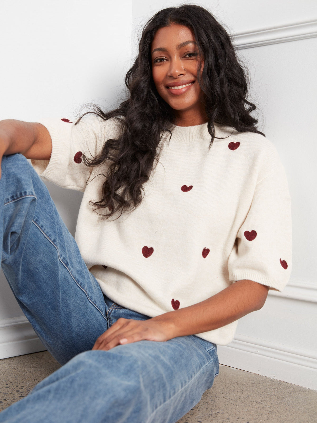 Embroidered Heart Balloon Elbow Sleeve Knit Sweater - Heather Oat