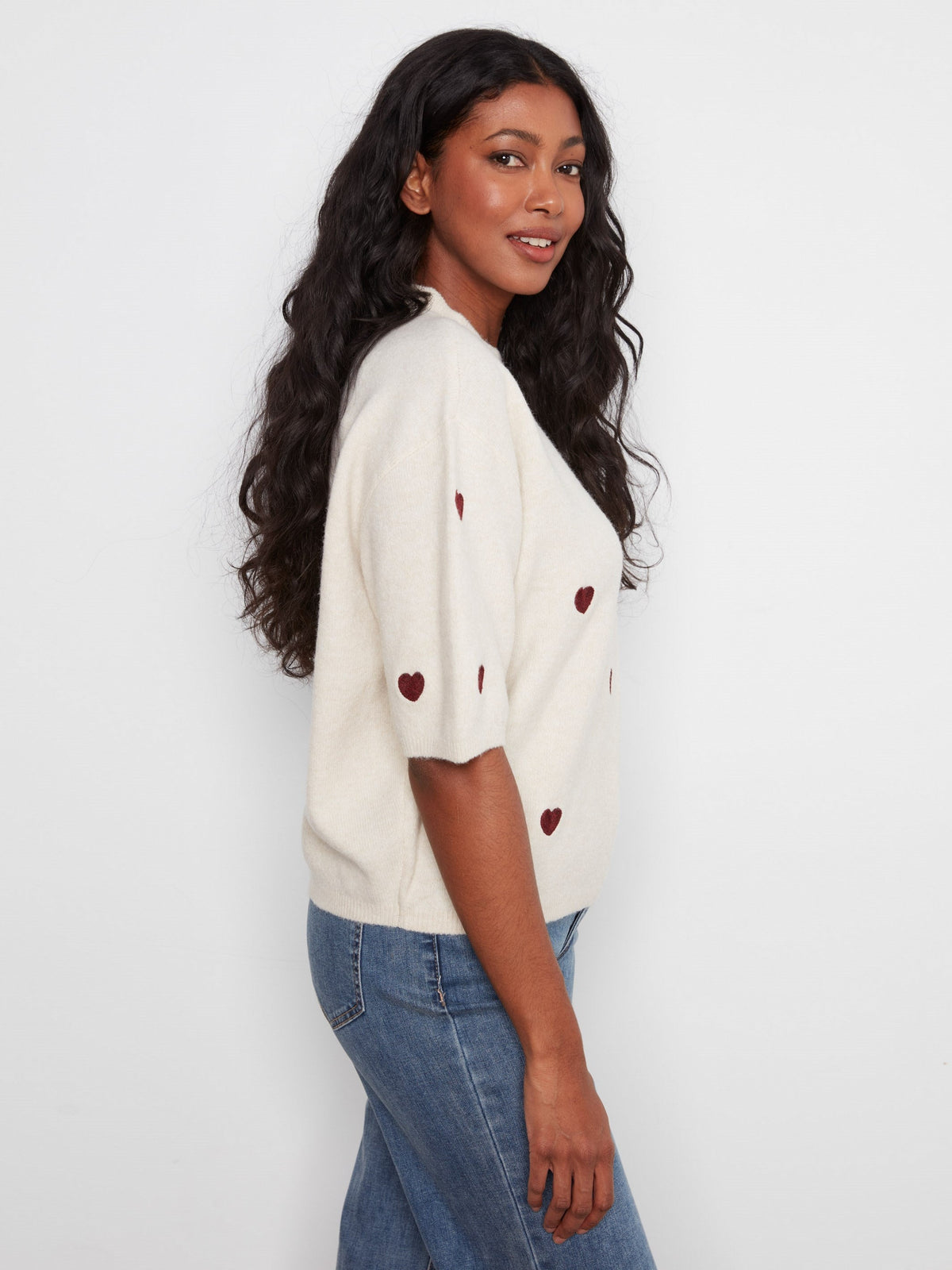 Embroidered Heart Balloon Elbow Sleeve Knit Sweater - Heather Oat