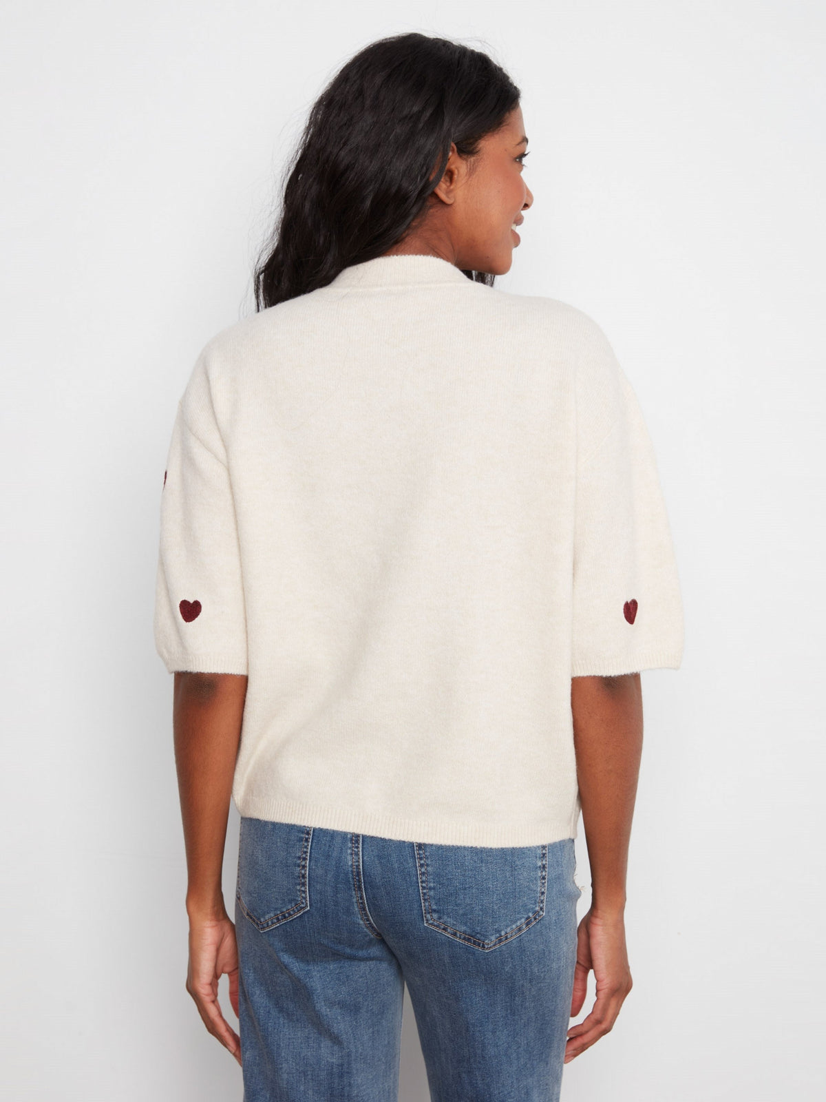 Embroidered Heart Balloon Elbow Sleeve Knit Sweater - Heather Oat