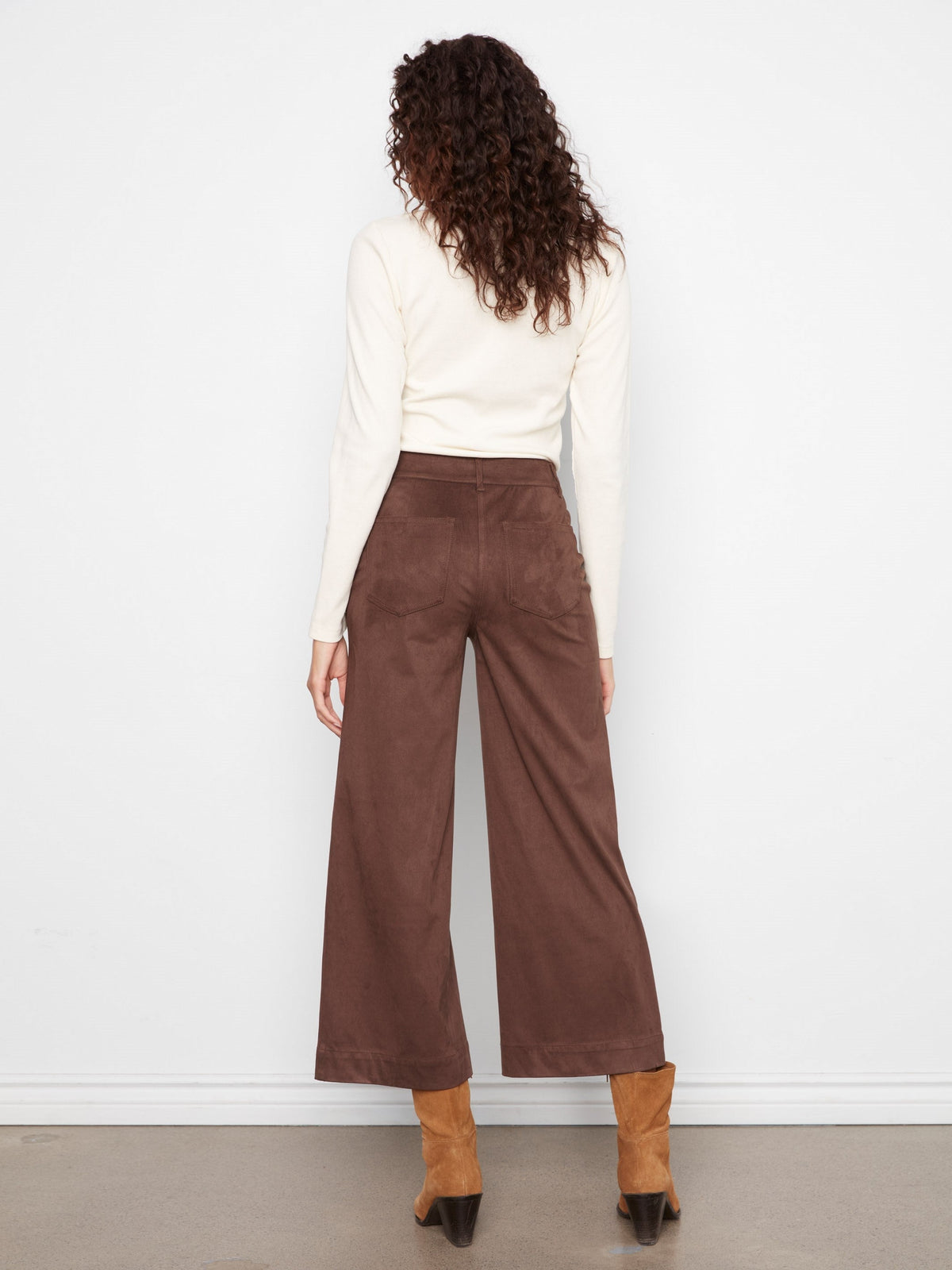 Faux Suede Cropped Wide Leg Pants - Coffee