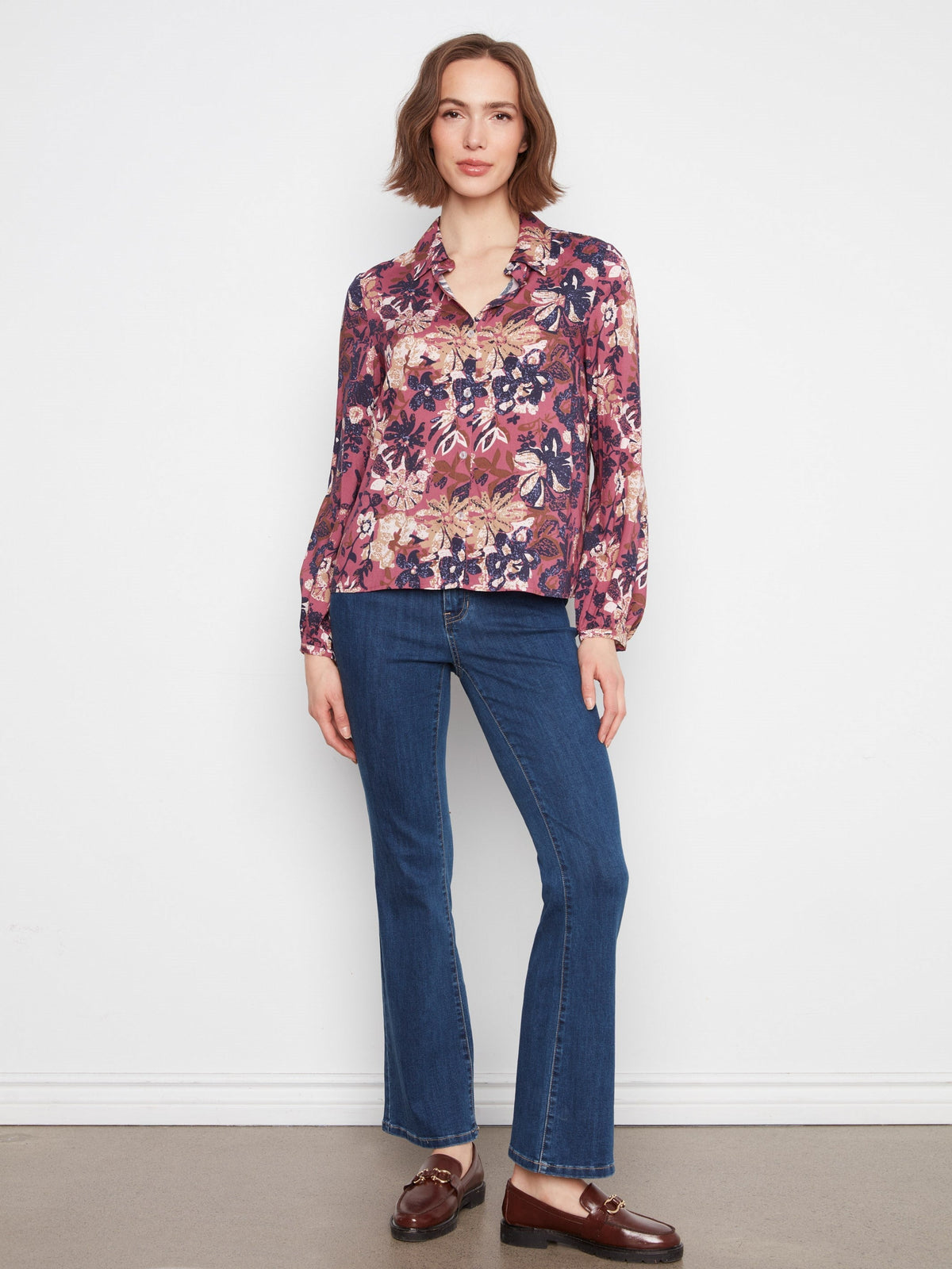 Floral Print Button-Front Blouse - Passion