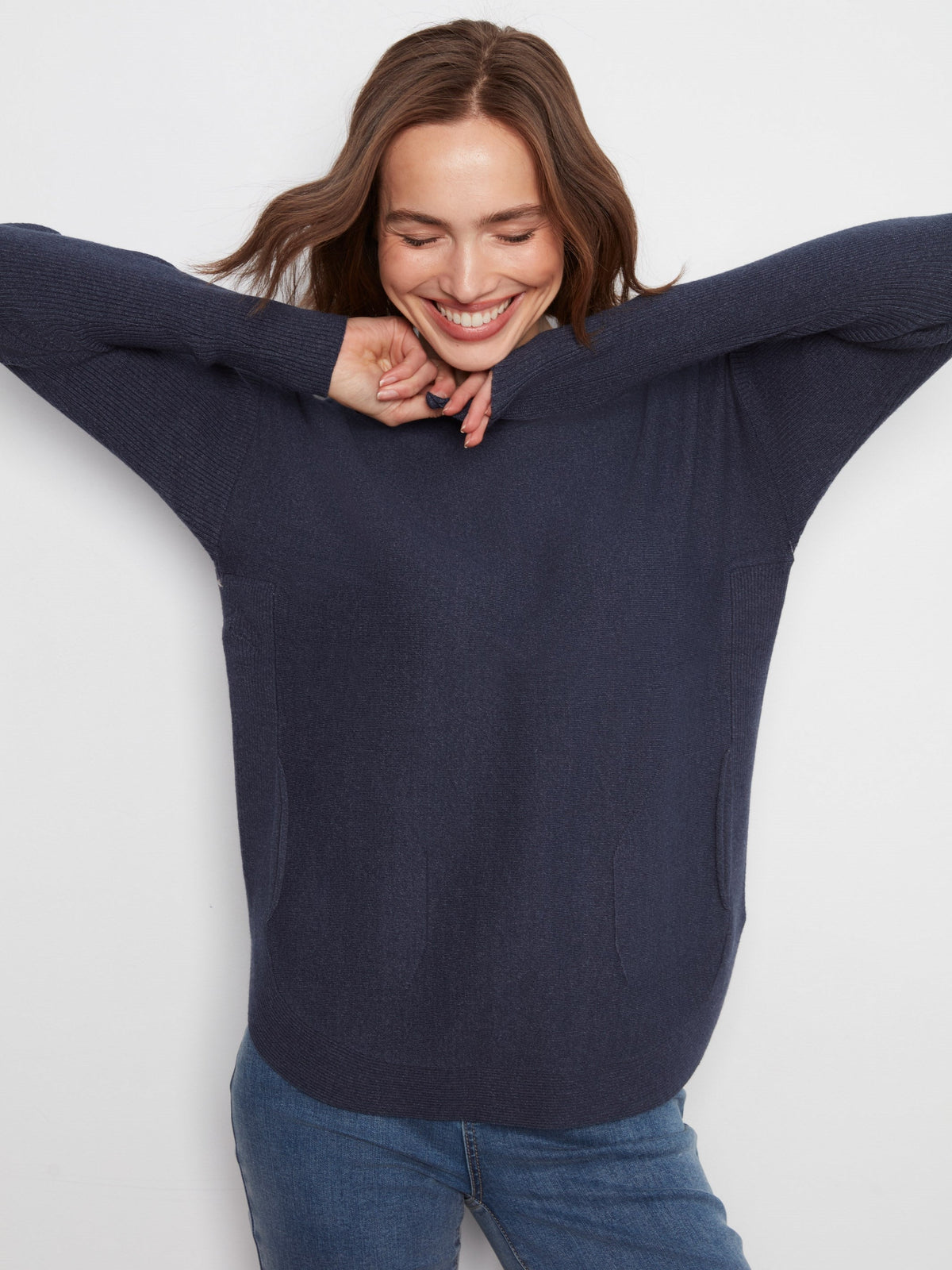 Knit Sweater With Back Lace-Up Detail - Heather Denim