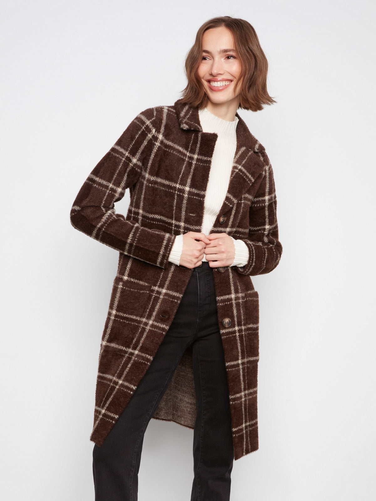 Long Plaid Knit Coatigan - Chocolate