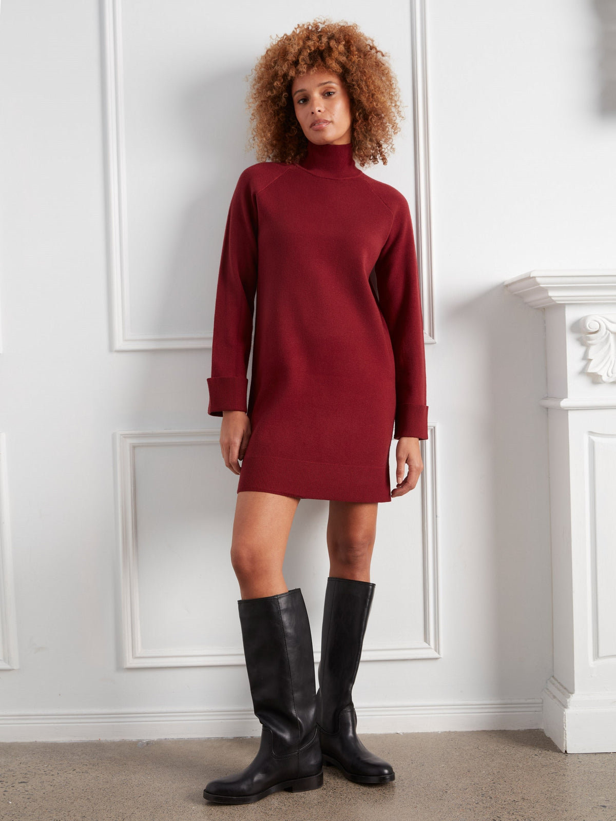 Mock Neck Sweater Dress - Merlot