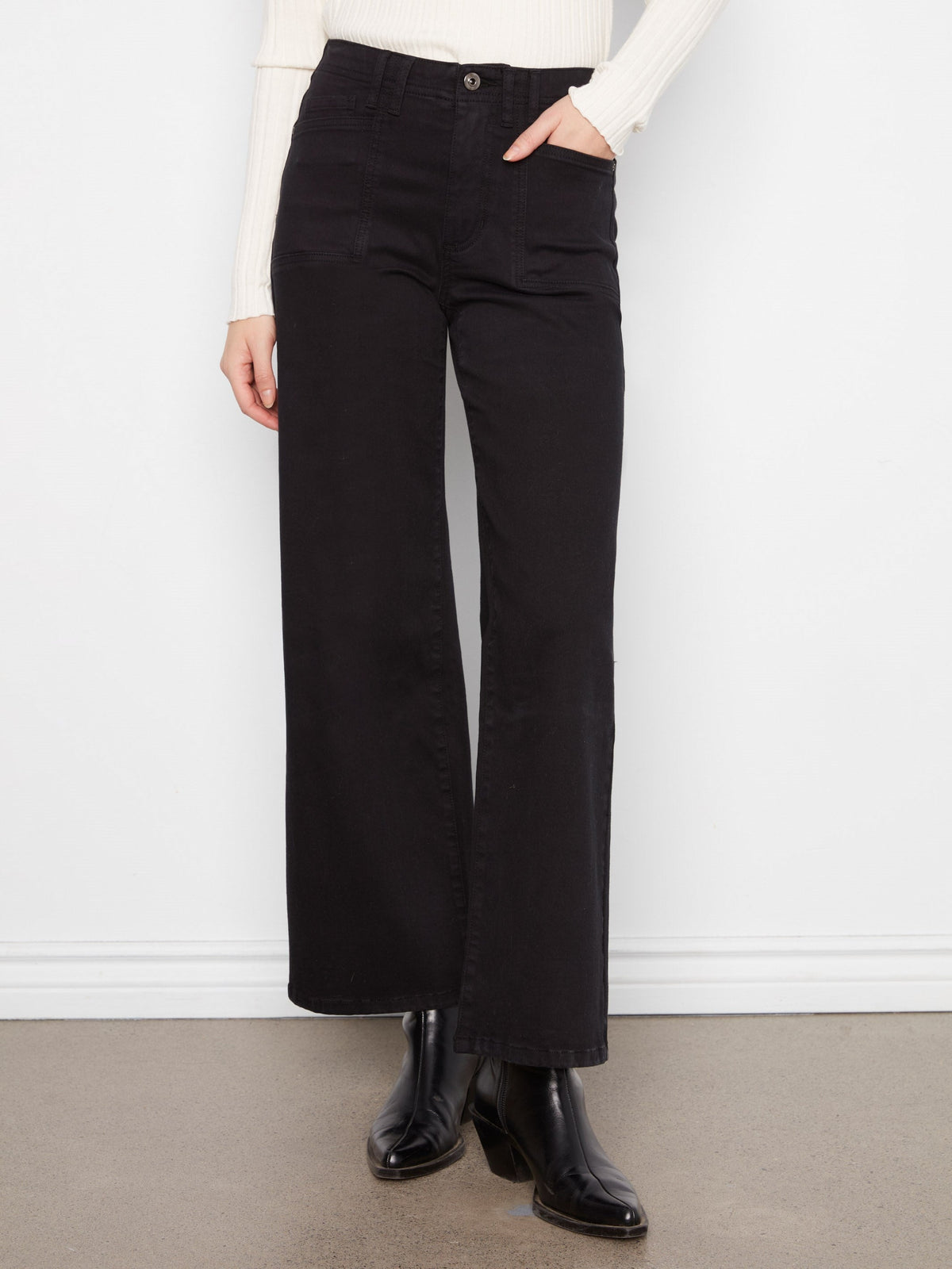 Patch Pocket Wide Leg Twill Pants - Black