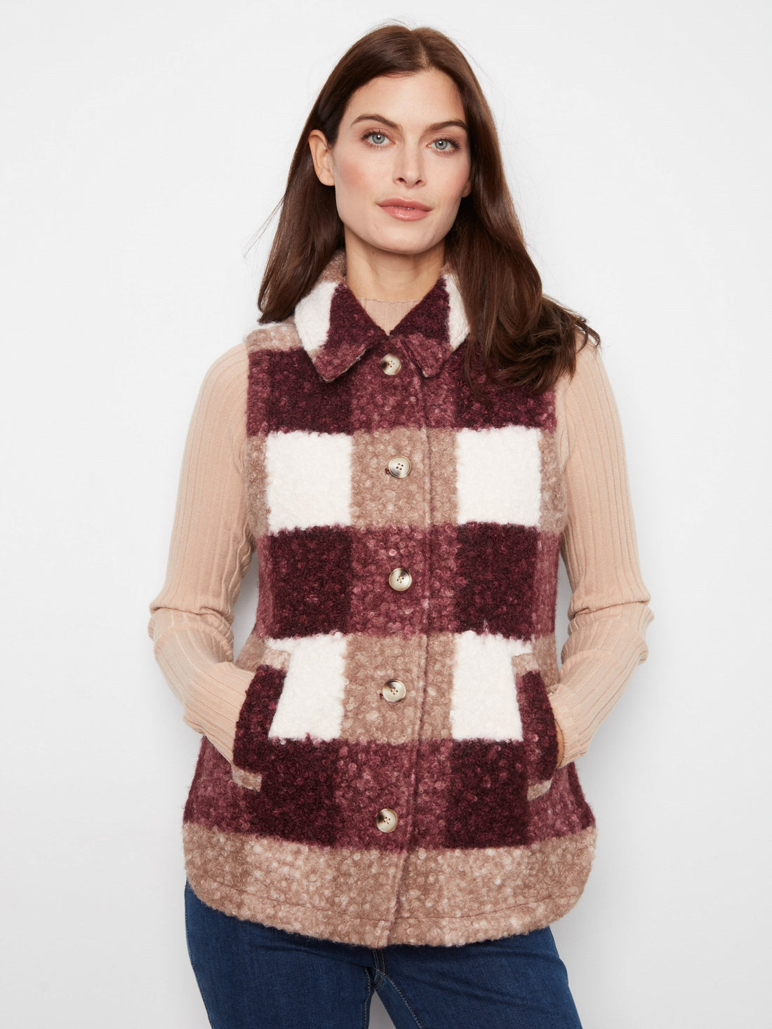 Plaid Bouclé Knit Vest - Merlot