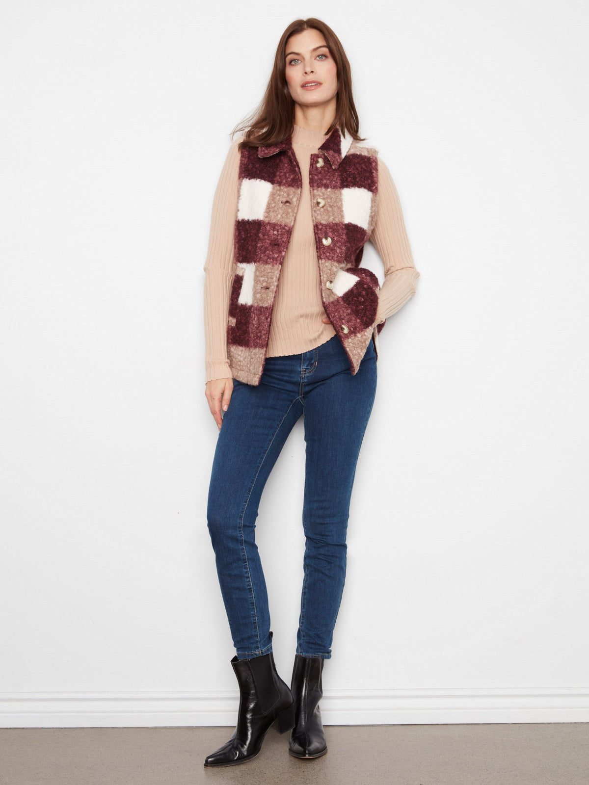Plaid Bouclé Knit Vest - Merlot