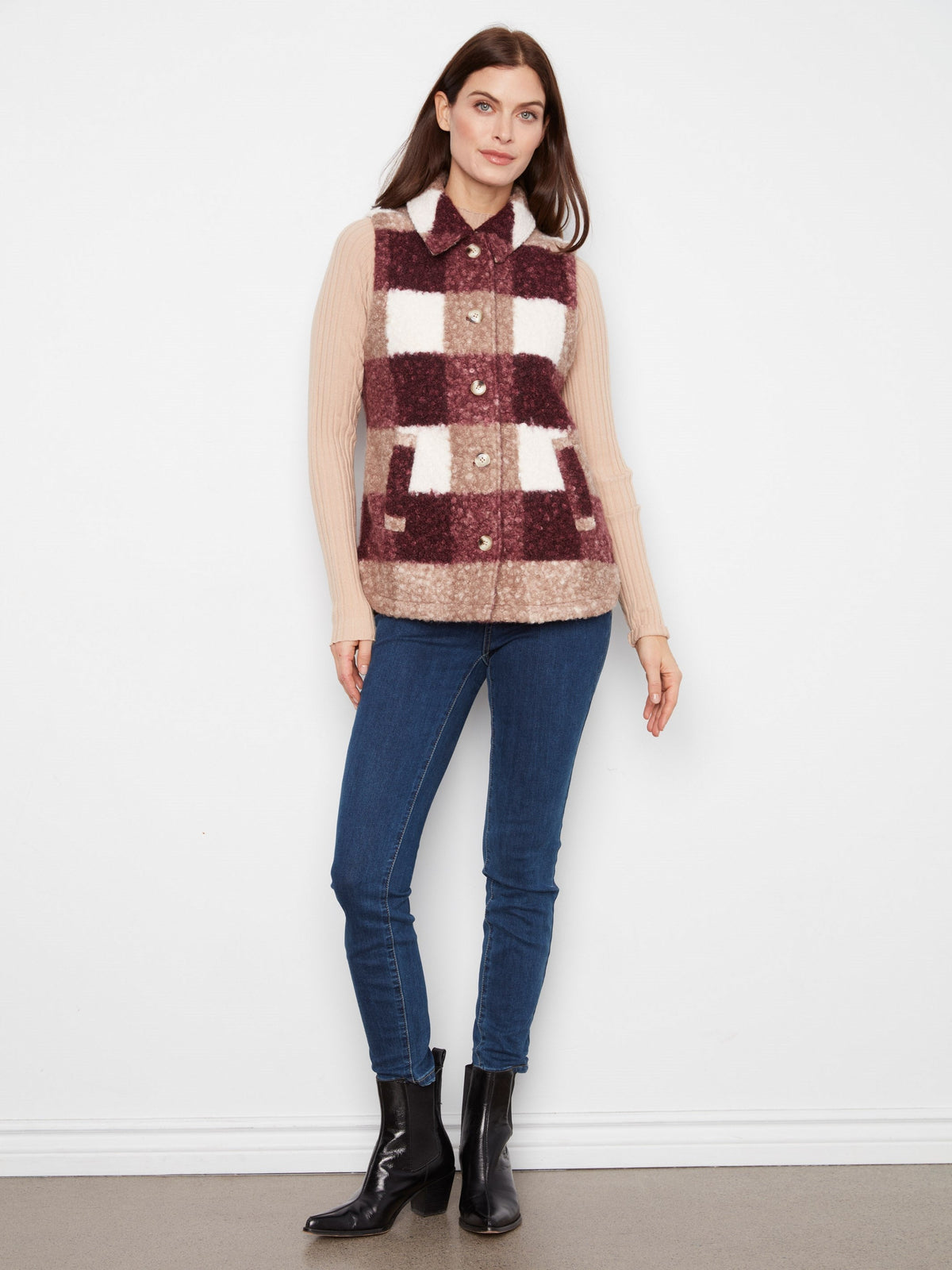Plaid Bouclé Knit Vest - Merlot