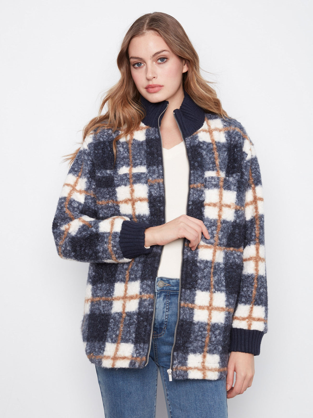 Plaid Bouclé Zip-Up Jacket - Midnight