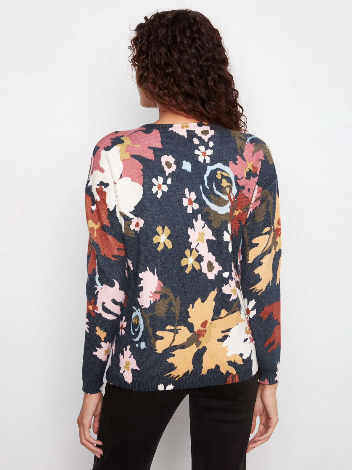 Printed Plush Knit V-Neck Sweater - Bloom