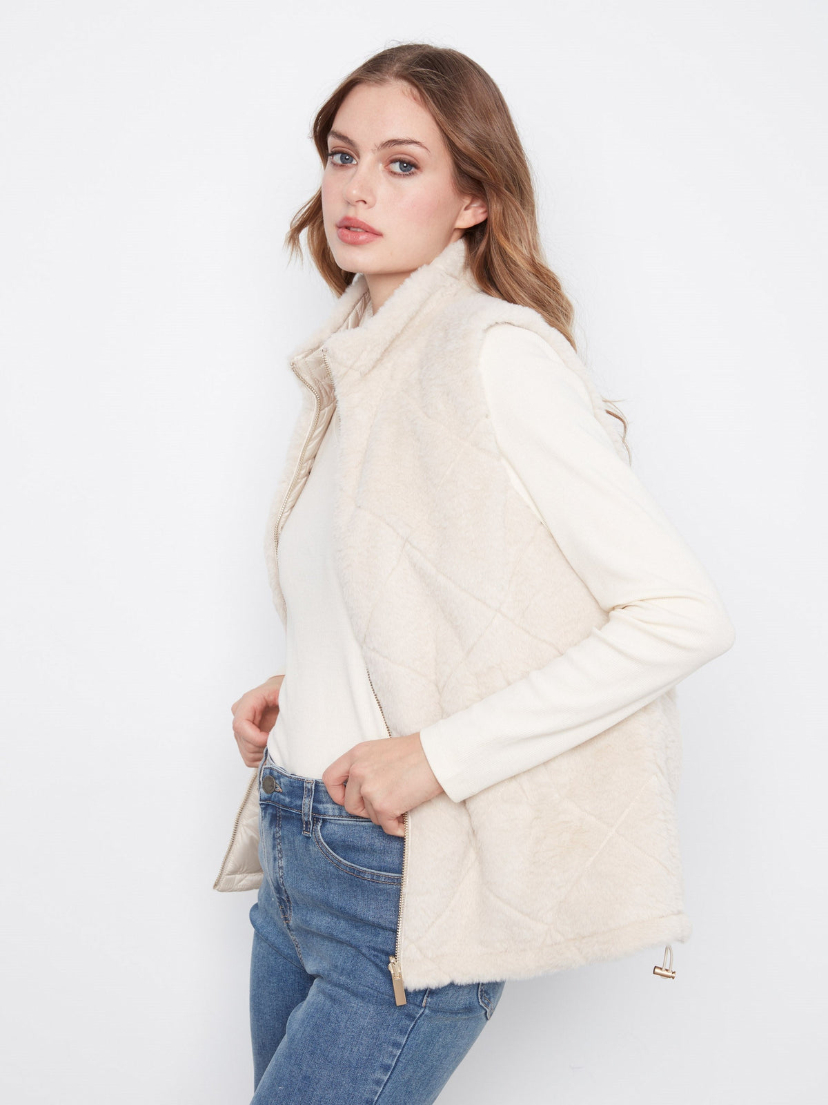 Reversible Faux Fur Quilted Vest - Pearl