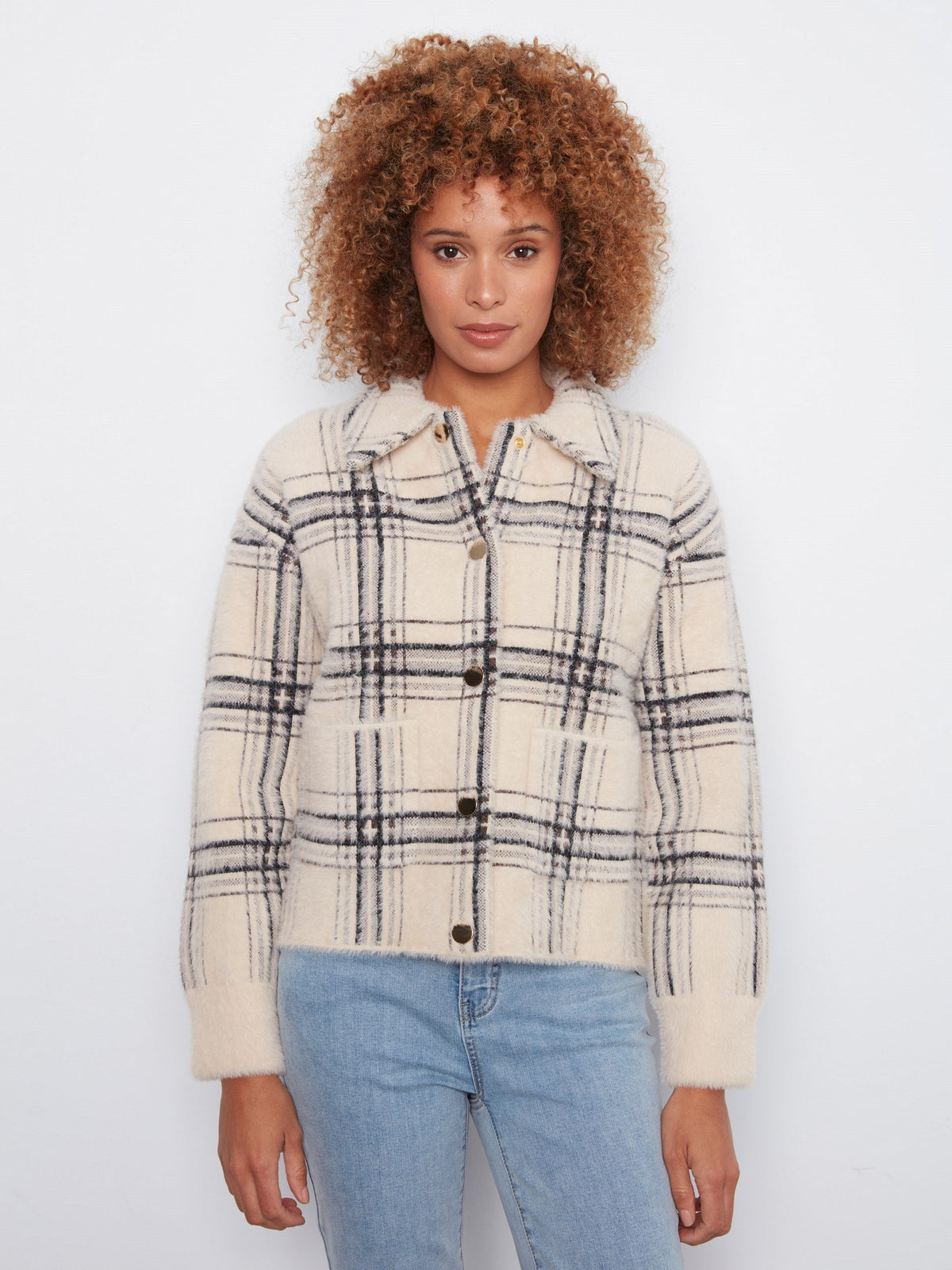 Short Plaid Knit Jacket - Oatmeal