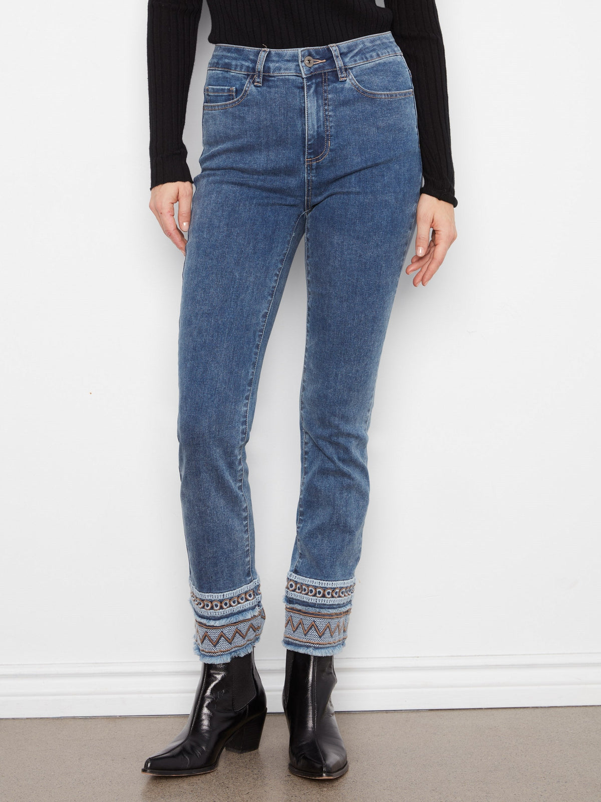 Slim Leg Jeans With Embroidered Hem - Medium Blue