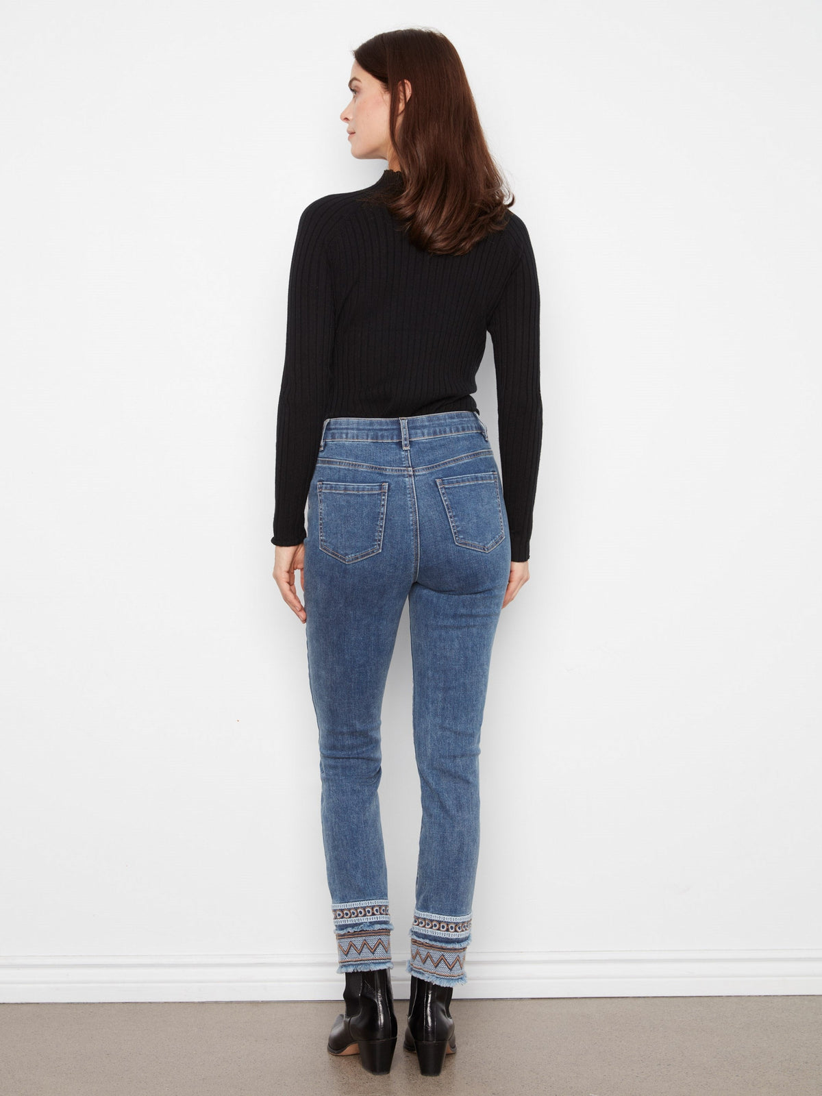 Slim Leg Jeans With Embroidered Hem - Medium Blue