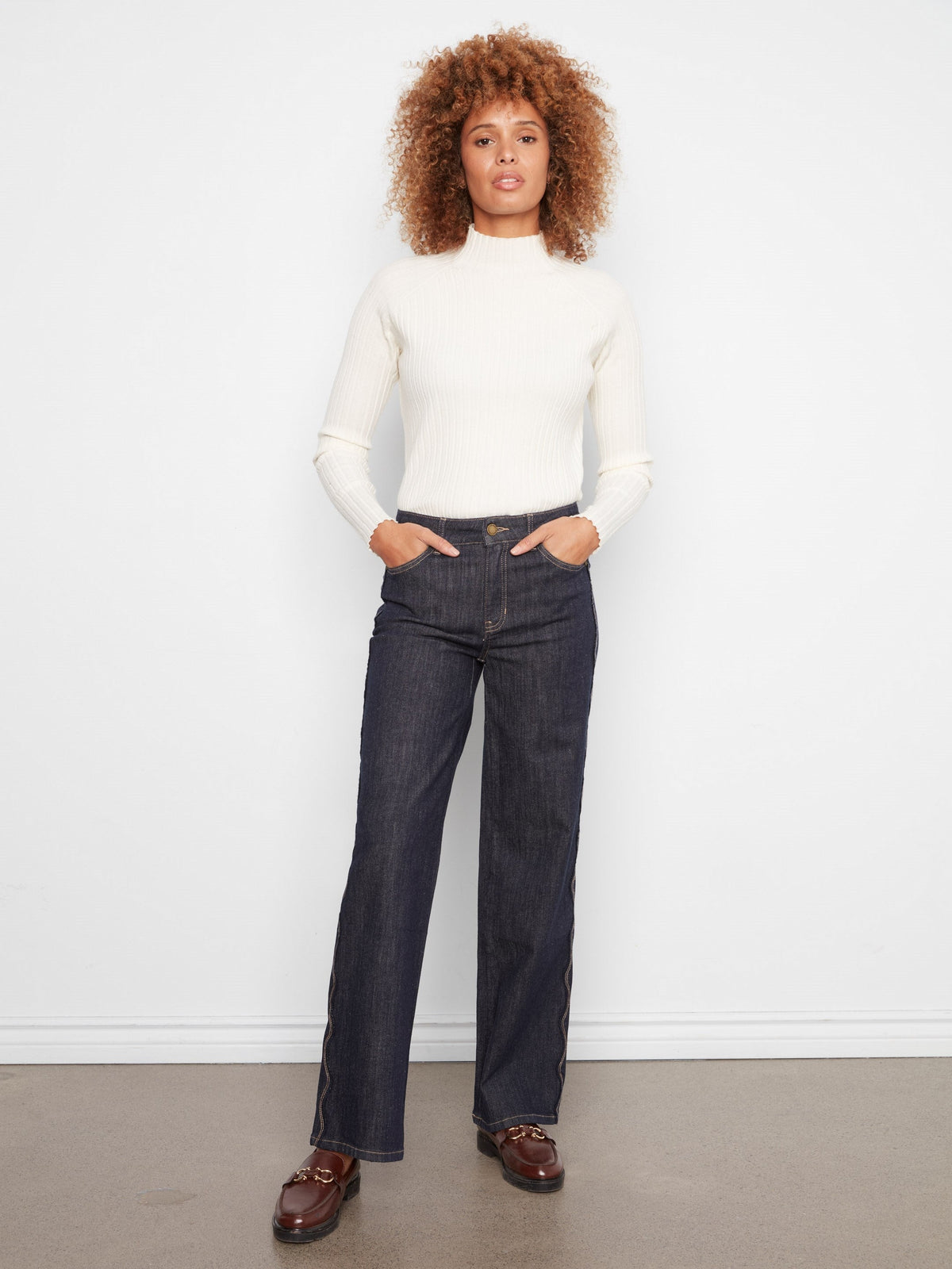 Straight Leg Jeans With Scalloped Side Seams - Deep Blue