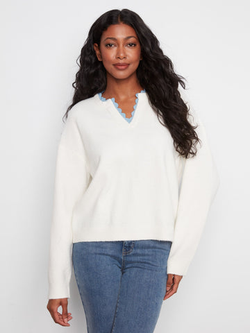 V-Neck Sweater With Woven Trim - Snow White