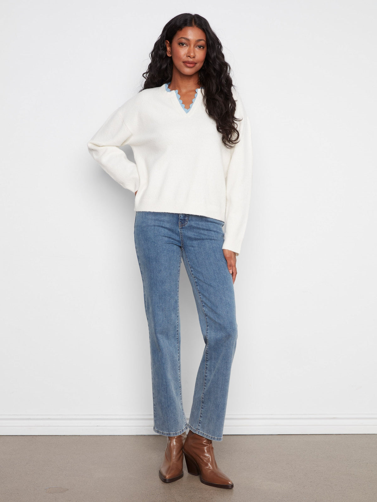 V-Neck Sweater With Woven Trim - Snow White