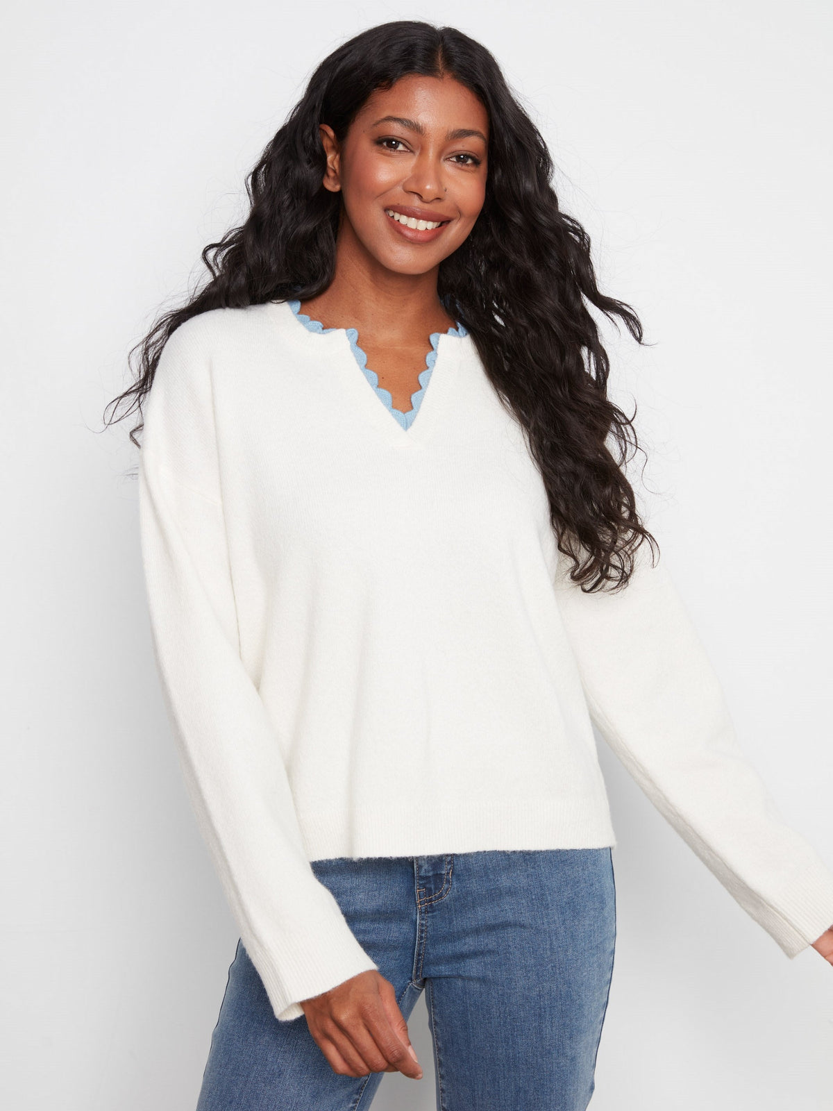 V-Neck Sweater With Woven Trim - Snow White