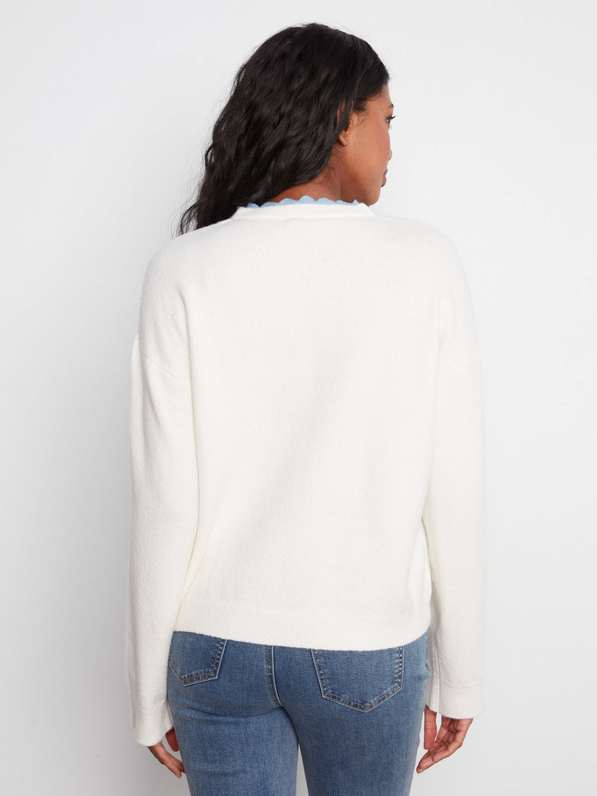 V-Neck Sweater With Woven Trim - Snow White