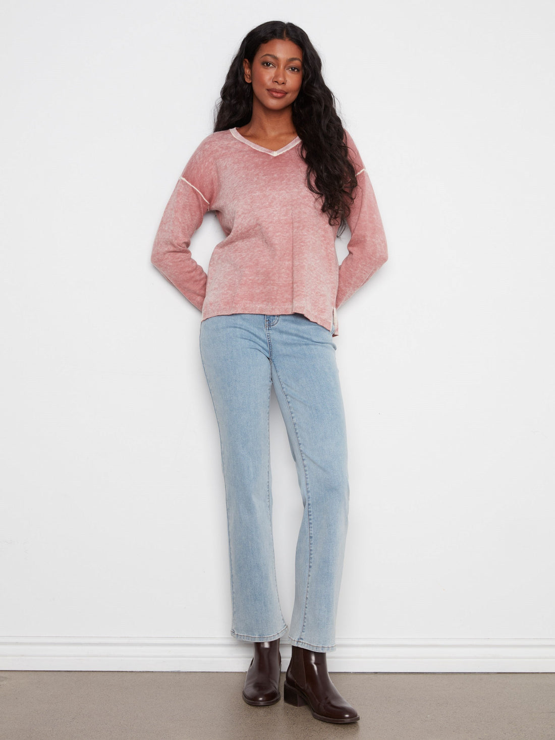 Vintage Effect V-Neck Sweater - Rosebud