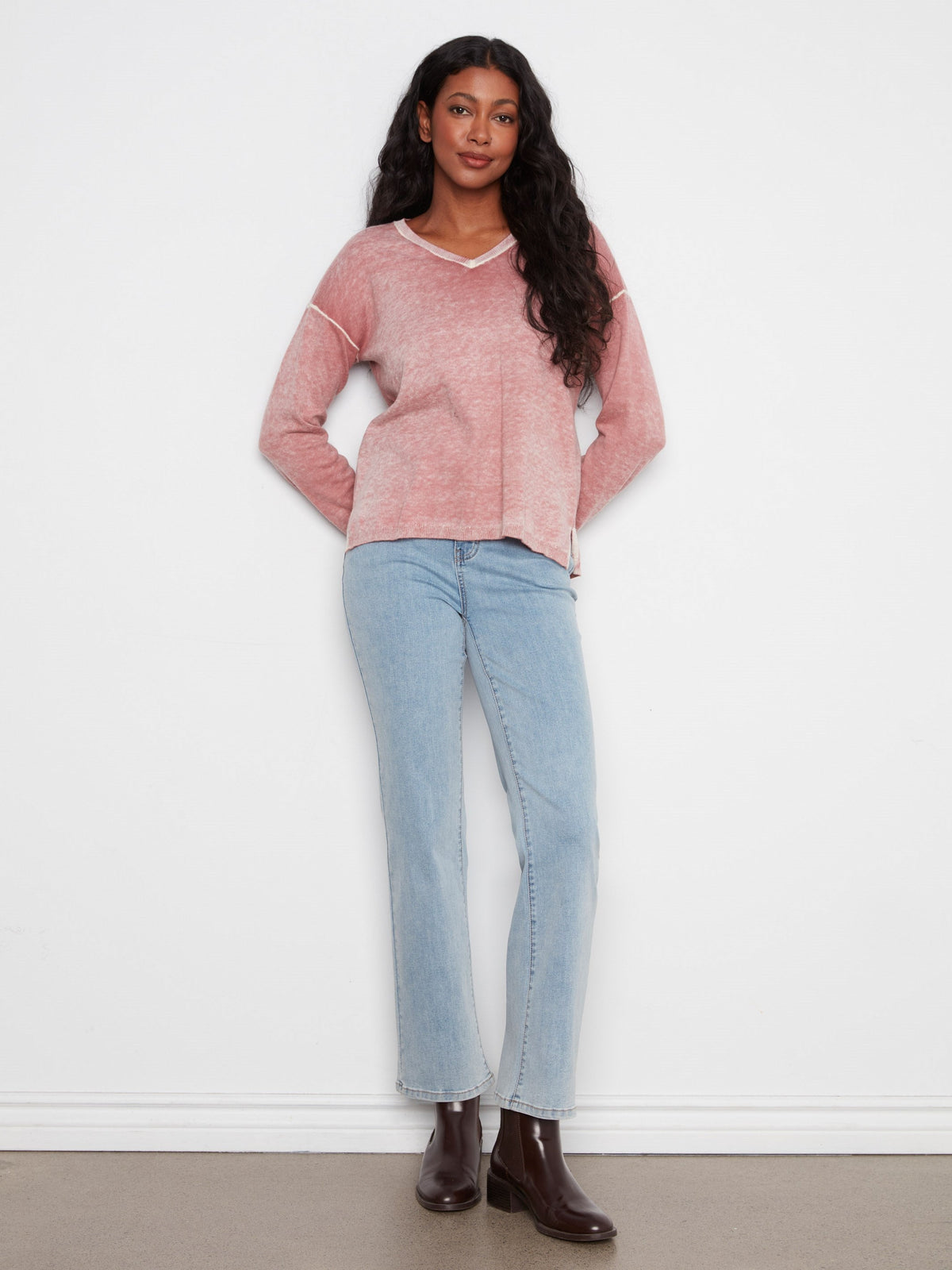 Vintage Effect V-Neck Sweater - Rosebud