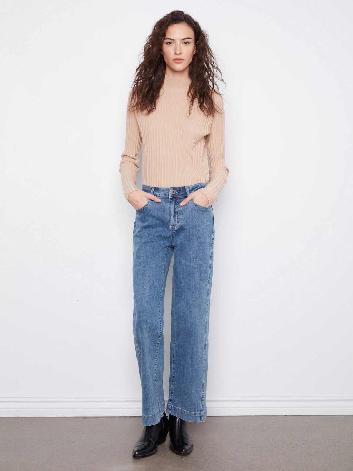 Wide Leg Jeans With Side Panel Detail - Medium Blue