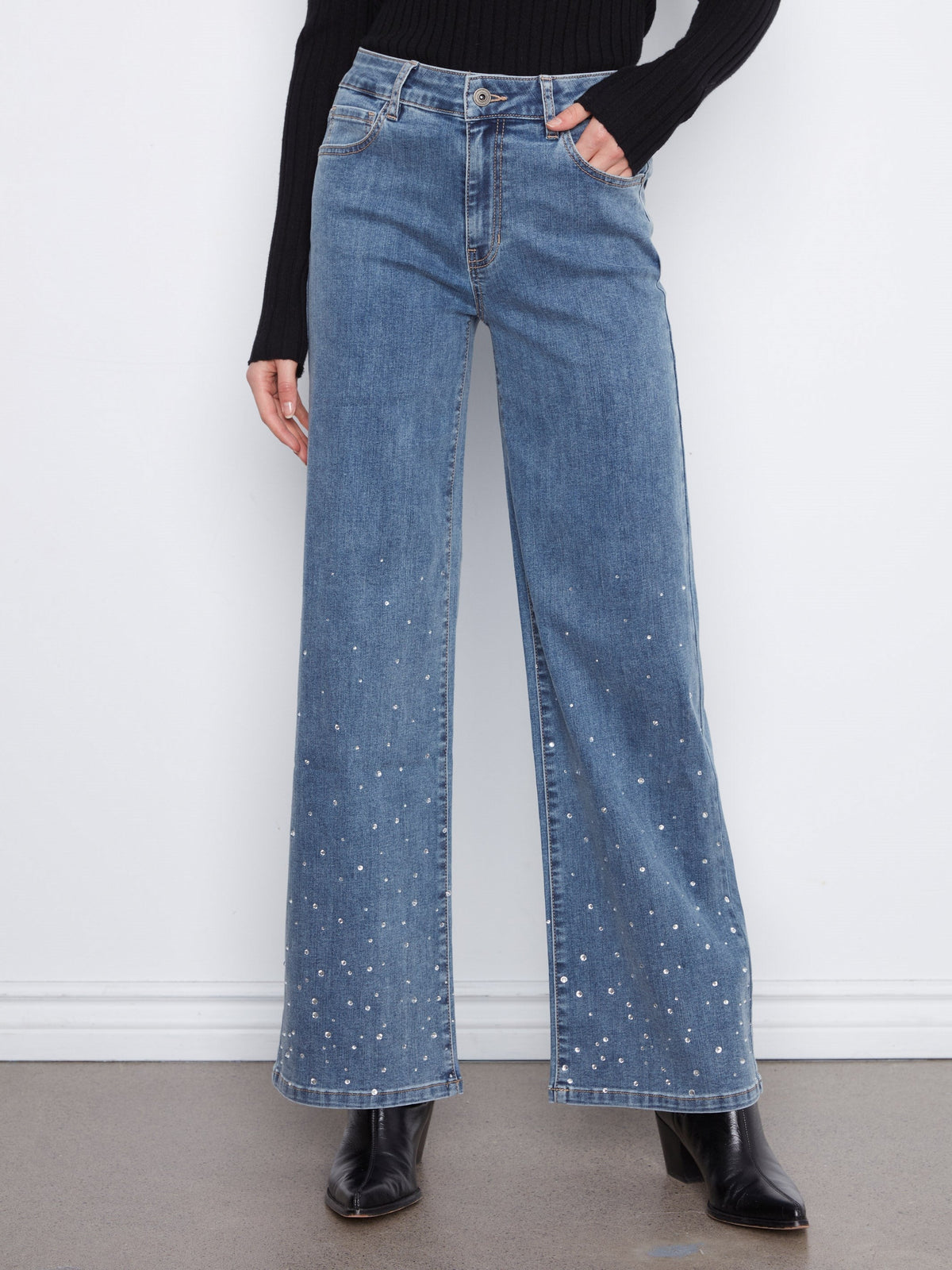 Wide Leg Stretch Jeans With Rhinestones - Medium Blue