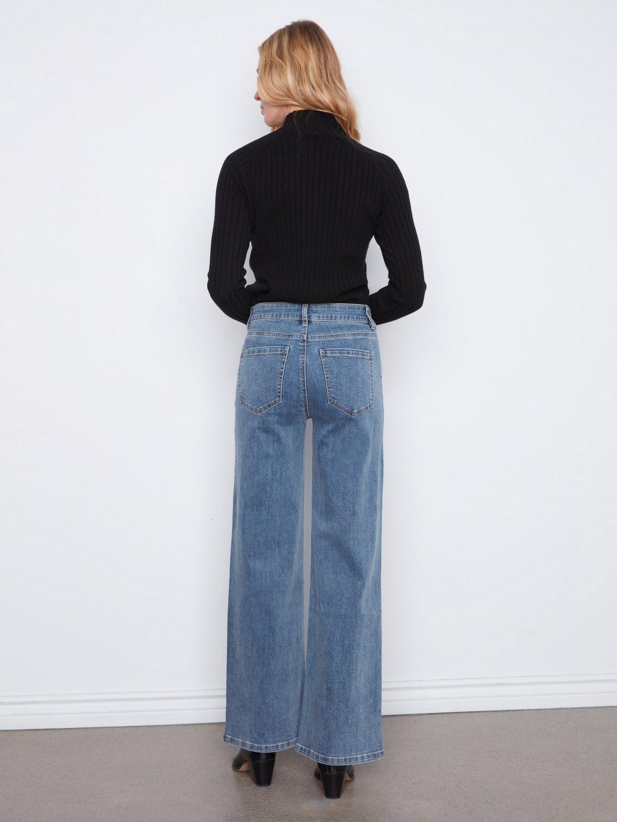 Wide Leg Stretch Jeans With Rhinestones - Medium Blue
