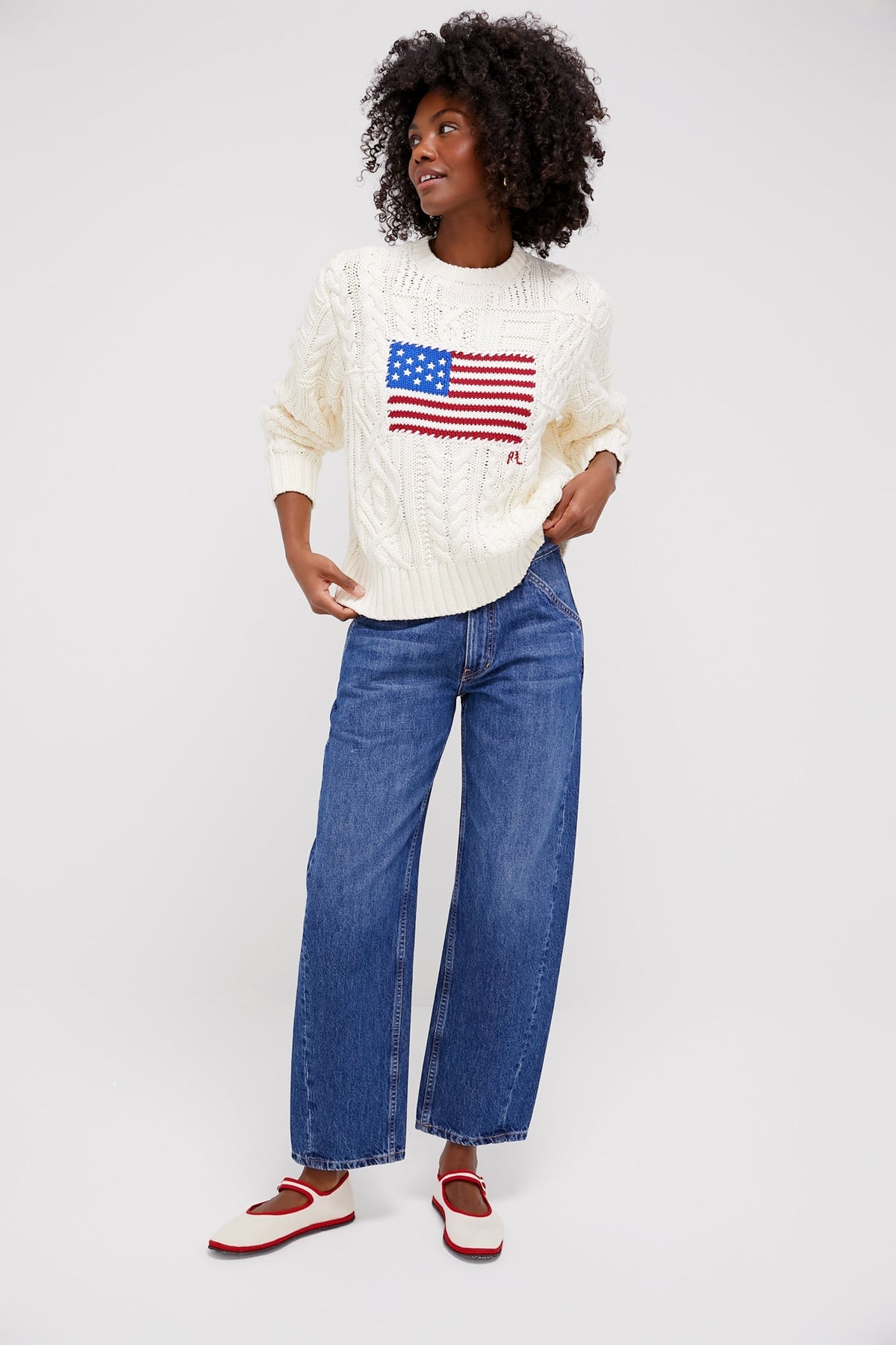 Cream American Flag Long Sleeve Pullover