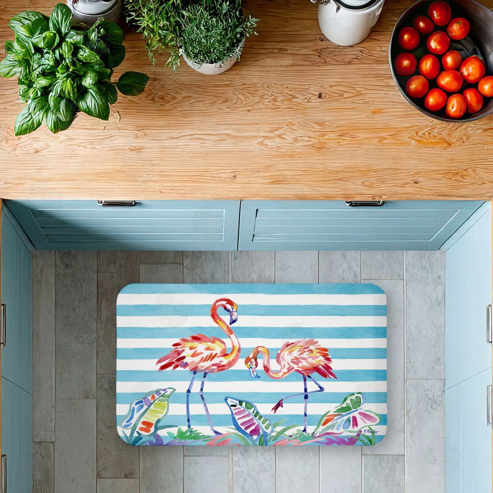 Paul Brent | Brushstroke Flamingos on Stripes Anti-Fatigue Mat