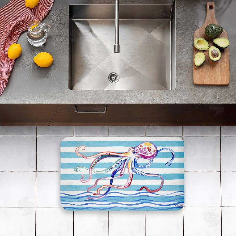 Paul Brent | Brushstroke Octopus on Stripes Anti-Fatigue Mat