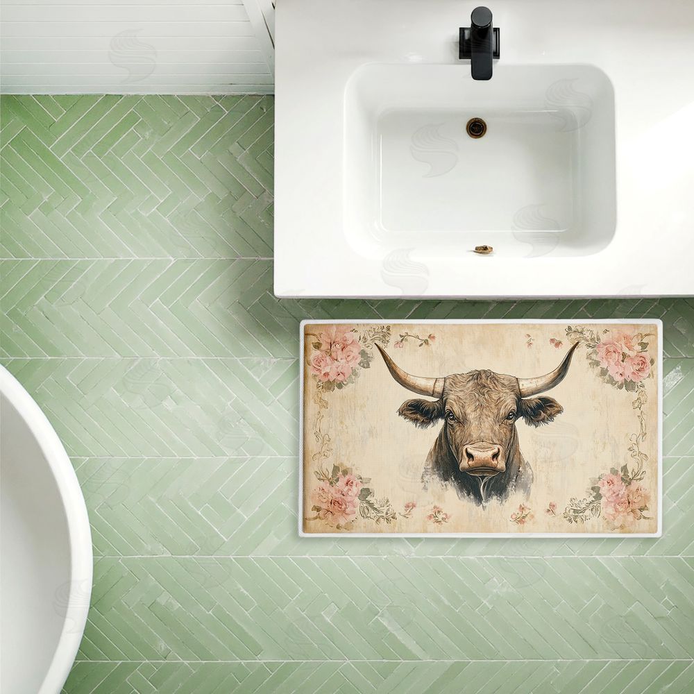 Heidi Kuntz | Cattle with Floral Border Plush Bath Mat