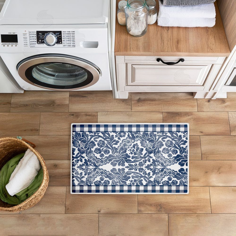 Kim Allen | Navy Gingham Florals Plush Bath Mat