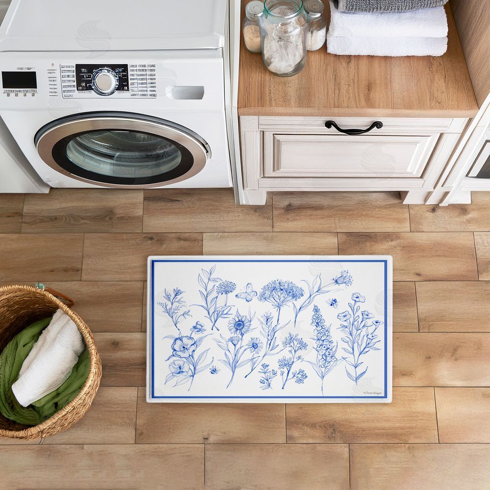 Susan Winget | Single Blue Flower Sprigs Plush Bath Mat