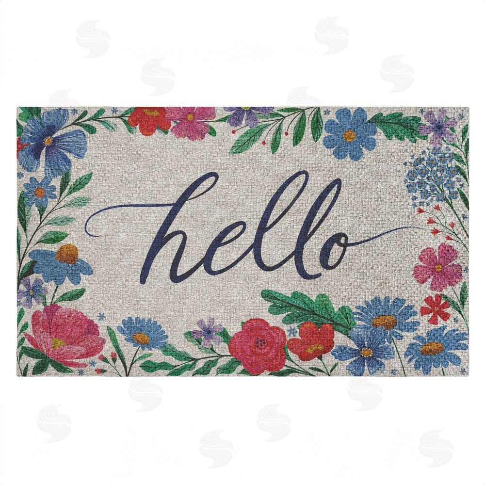 Arrolynn Weiderhold | Hello Cursive & Floral Border Faux Sisal Door Mat