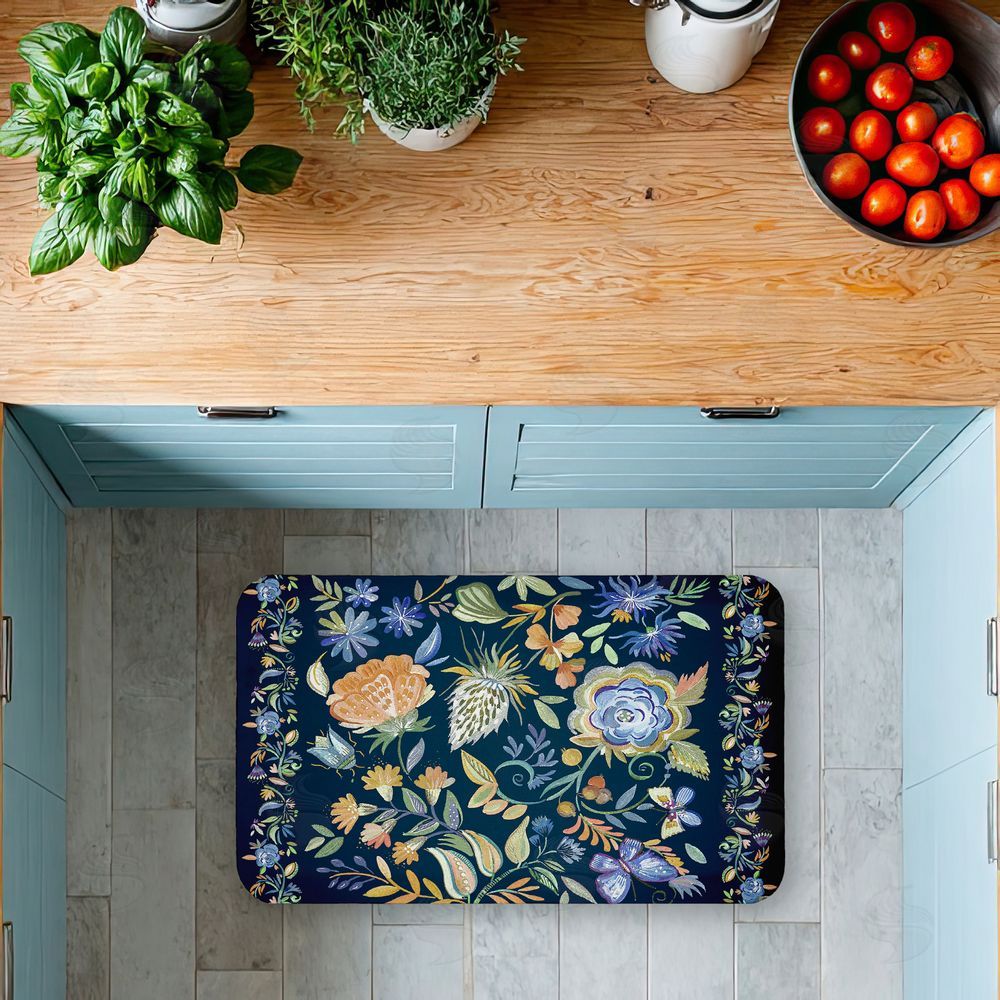 Ani Del Sol | Painted Blue Floral on Black Anti-Fatigue Mat
