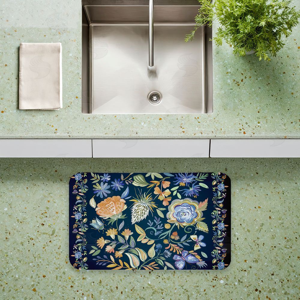 Ani Del Sol | Painted Blue Floral on Black Anti-Fatigue Mat