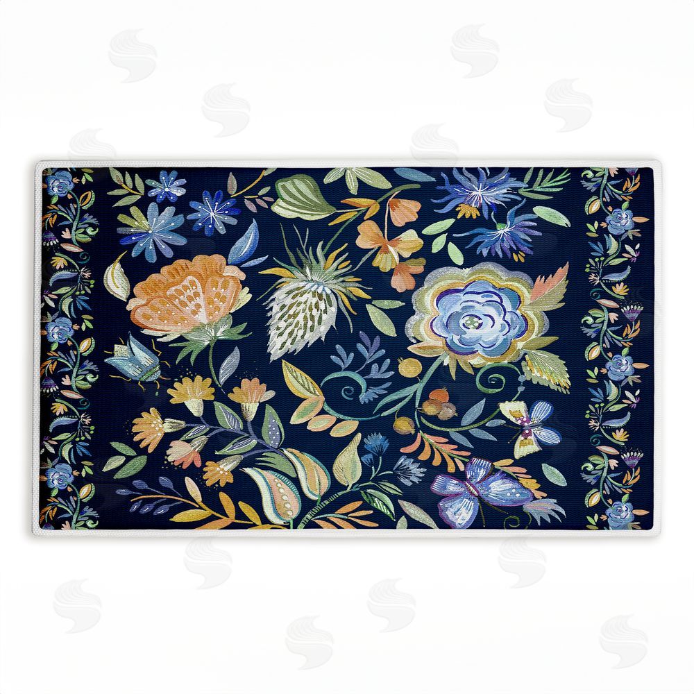Ani Del Sol | Painted Blue Floral on Black Plush Bath Mat